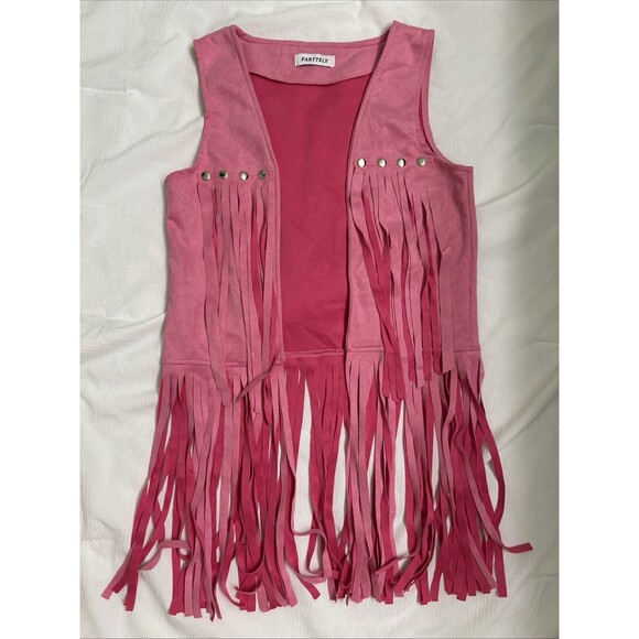 PARTTELY faux suede pink fringe vest with silver snaps halloween western cowgirl - Picture 1 of 5